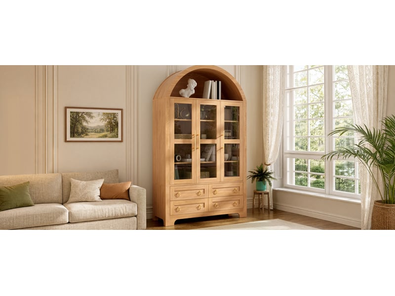Buffet de rangement avec 3 portes vitrées, 4 tiroirs et niche ouverte en arche, naturel - Conforama D