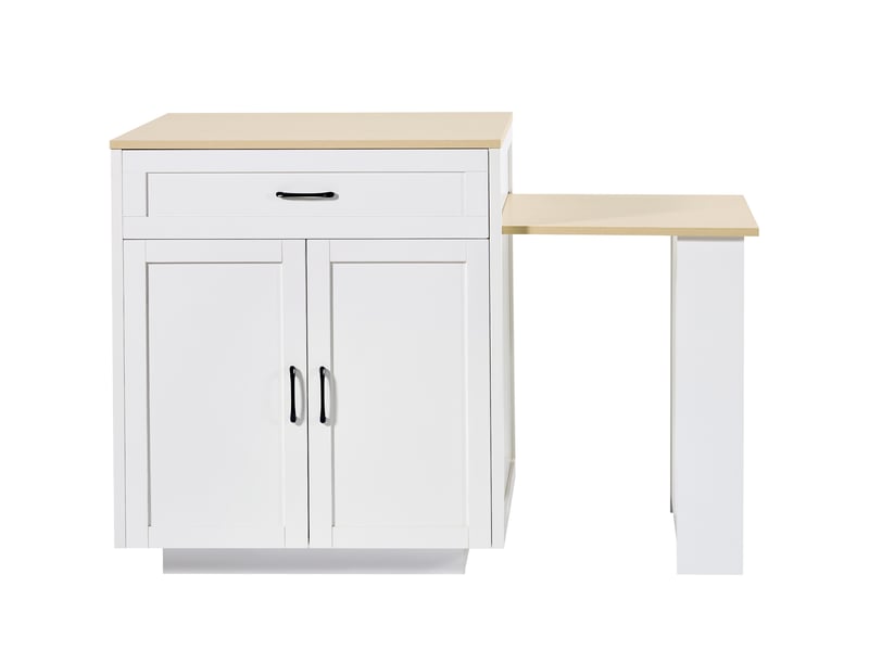  Desserte cuisine, îlot central sur roulettes avec plan de travail, plateau extensible, 2 tiroirs, dimensions 133 à 202 x 70 x 93,5 cm, mdf, blanc  - Conforama A