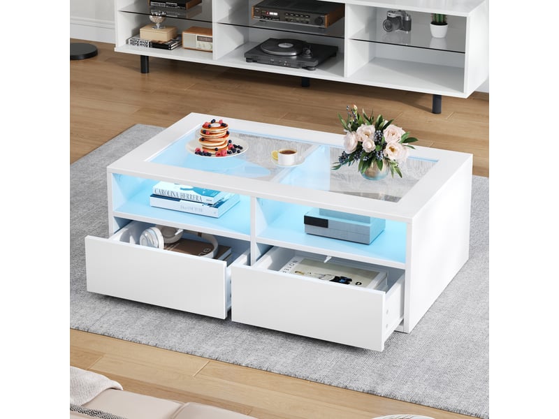  Table basse rectangulaire blanc avec 2 tiroirs - 50x100 cm led panneau de particules table basse blanc - Conforama E