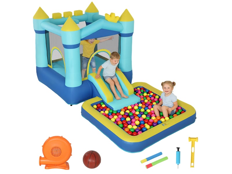 Château gonflable pour enfants avec toboggan, trampoline, piscine et panier de basket, 364 x 173 x 182 cm, bleu et jaune - Conforama B