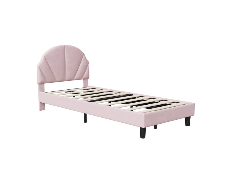  Lit simple 90x200, lit enfant capitonné avec tête de lit coquille réglable en hauteur, velours, style moderne scandinavo, rose  - Conforama A