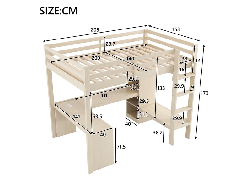 Lit mezzanine naturel 140×200 cm, pin et mdf, bureau sous le couchage, étagères multifonctions, éclairage led et usb  - Conforama C