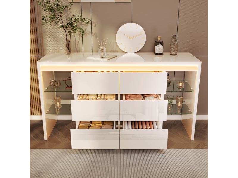  Buffet de rangement, avec 6 tiroirs, 4 étagères en verre et éclairage led, pour salon, bois, blanc brillant, 155×40×80 cm  - Conforama C