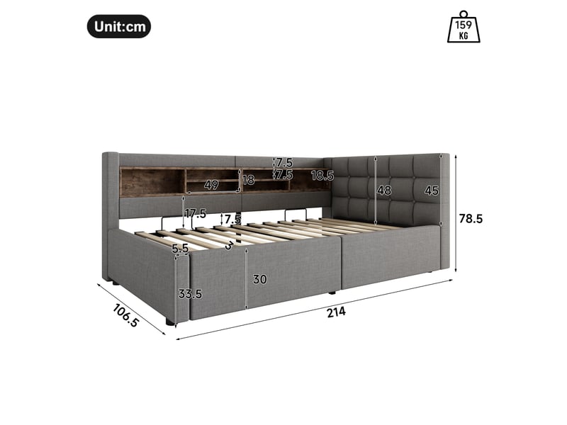 Lit coffre hydraulique 90x200 cm avec led dimmable, étagères, usb et tête réversible, tissu lin gris, sans matelas - Conforama C