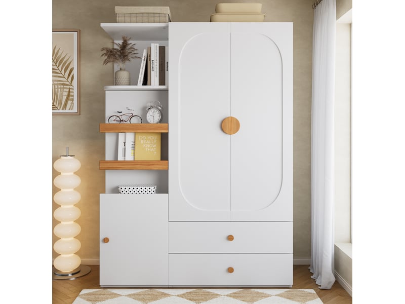  Armoire de rangement 125x50x180 cm avec 3 portes et 2 tiroirs, penderie en mdf couleur blanc et naturel, design moderne  - Conforama D