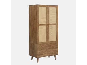 Armoire de rangement 80x50x180 cm avec portes effet rotin, penderie, étagères et 2 tiroirs, meuble de chambre - mdf-naturel
