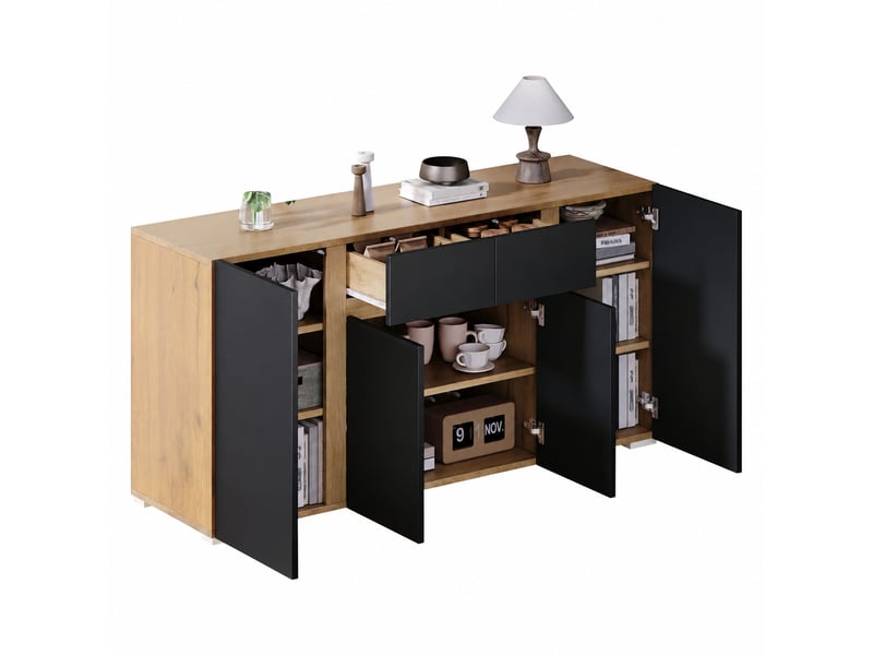  Buffet moderne noir et bois, 4 portes, 2 tiroirs, étagères réglables, 140 cm, noir et bois naturel  - Conforama A