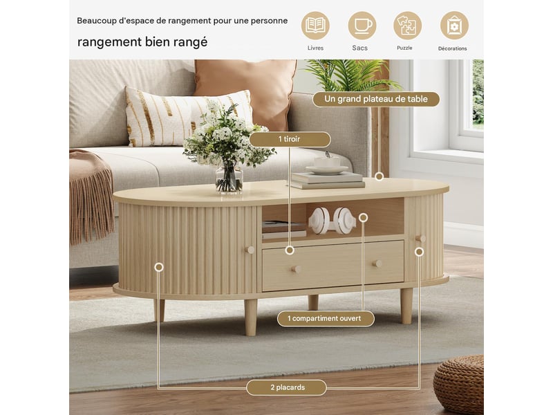  Table basse ovale en mdf couleur bois avec tiroir et rangement 100x50x36 cm - pangivo  - Conforama D