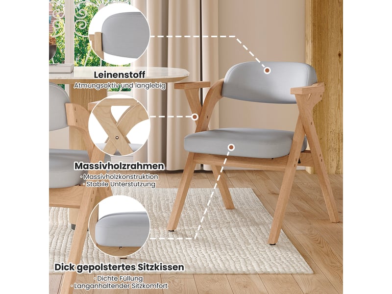 Chaises de salle à manger lot de 2 pliantes avec accoudoirs - lpospi - structure en bois massif, lin gris - Conforama E