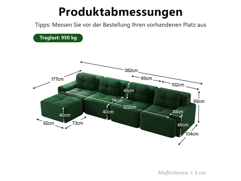 Canapé modulable d'angle en l,382x177x69cm,canapé 4 places sans structure avec 1 pouf,en velours côtel,rembourrage haute densité 32d - vert - Conforama C