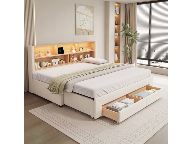  Lit banquette extensible 90x200 cm en velours beige avec rangement, led et usb  - Conforama D