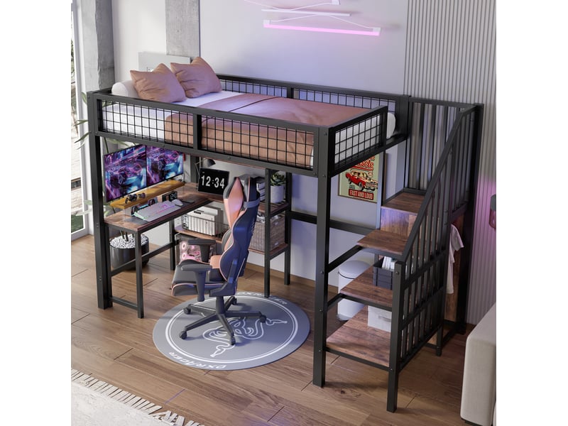  Lit mezzanine 90x200 cm avec bureau et rangements en métal et mdf noir et marron  - Conforama C
