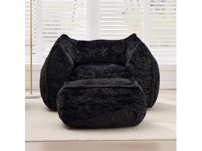  Fauteuil pouf en fausse fourrure avec coussin et repose-pieds ergonomique, pour adultes et enfants noir  - Conforama C