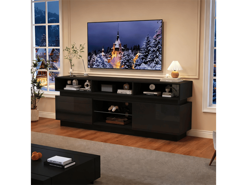  Meuble tv 160 cm noir brillant avec led app-contrôlée, plateau en verre trempé, pour écrans jusqu'à 60 pouces  - Conforama D