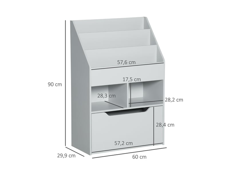  Bibliothèque enfant en bois avec 3 compartiments, 2 cubes et tiroir mobile à 4 roulettes, 60 x 29,9 x 90 cm, grise  - Conforama D