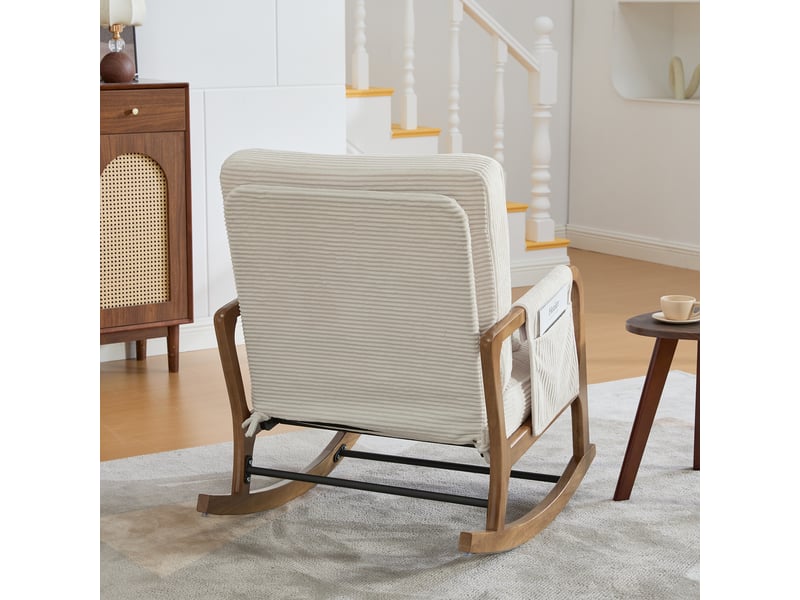  Fauteuil à bascule avec repose-pieds, fauteuil d'allaitement velours côtelé beige, dossier réglable, coussin lombaire, 70x80x92cm  - Conforama W