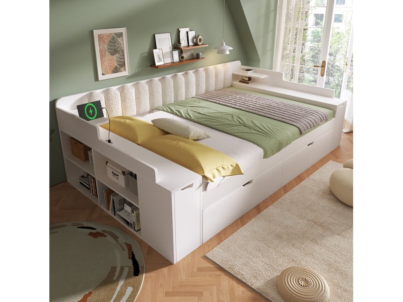  Lit gigogne 140x190 cm blanc avec rangement, charge usb et type-c  - Conforama B