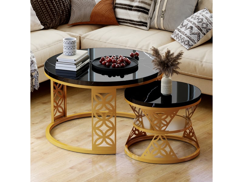  Table basse gigogne ronde 70x70x4545x45x37 cm, coloris noir et doré  - Conforama B