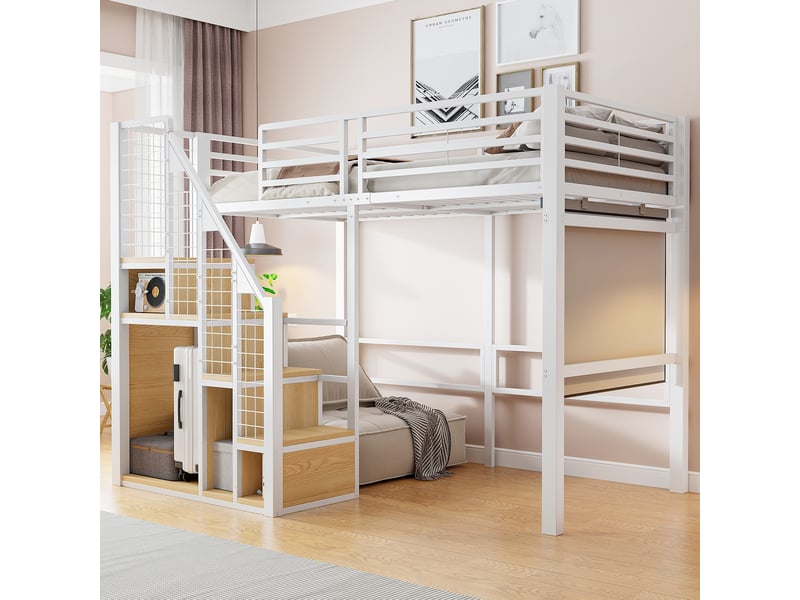  Lit mezzanine 90*200 cm en métal avec échelle sécurisée, rangements et étagère, blanc  - Conforama E