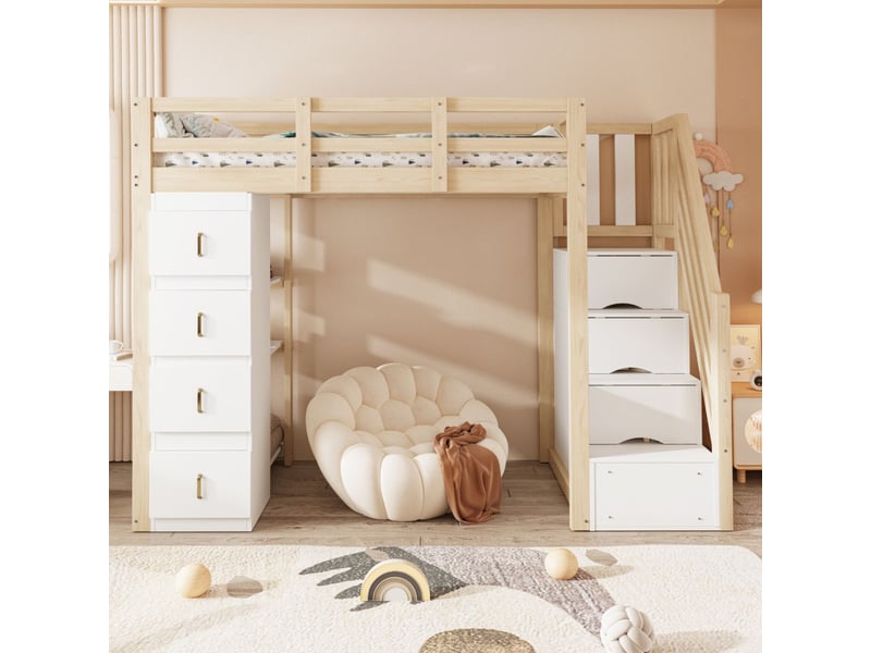  Lit mezzanine 90 x 200 cm échelle sécurisée lit simple tiroirs de rangement étagère à plusieurs niveaux bois massif couleur bois conception multifonctionnelle  - Conforama B