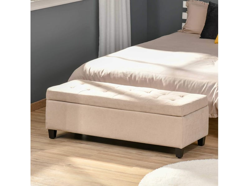  Banc de rangement 125 x 49 x 41,5 cm beige en polyester, assise rembourrée avec couvercle et pieds en bois  - Conforama B