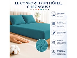 Drap housse 100% percale de coton 80 filscm² - grand bonnet 30 cm – fabrication européenne – doux, résistant – oeko-tex®