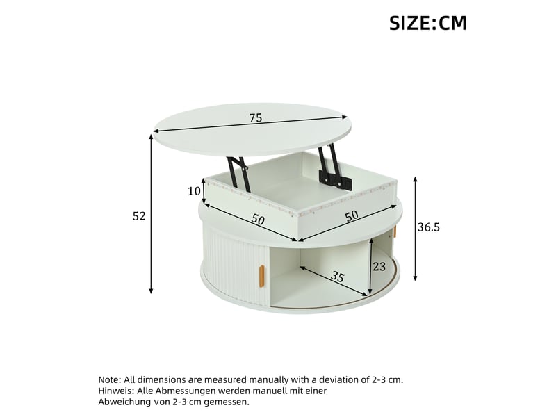  Table basse ronde blanche réglable en hauteur avec éclairage led, rangement caché et portes coulissantes, 75x75x52cm  - Conforama C