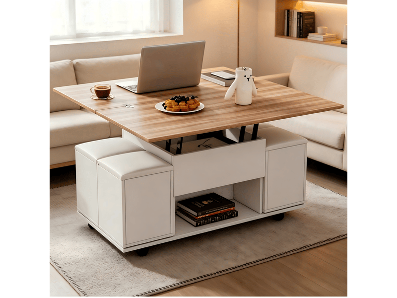 Table basse relevable multifonction blanche et bois, transformable en table à manger avec 4 poufs et rangement, 100x100x63.5cm - Conforama D