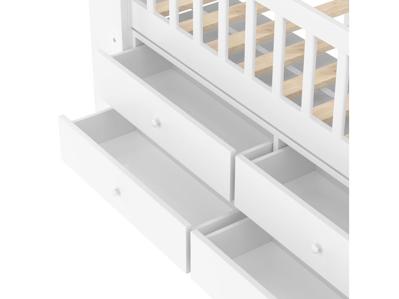  Lit mezzanine enfant mi-hauteur 200×90 cm avec 4 tiroirs, étagères et éclairage led, sans matelas, blanc  - Conforama E