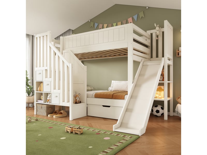  Lit superposé enfant 90 x 200 cm avec toboggan et escalier à placards, grands tiroirs et étagères ouvertes, garde-corps au niveau haut, bois, blanc Morn Vibe - Conforama C