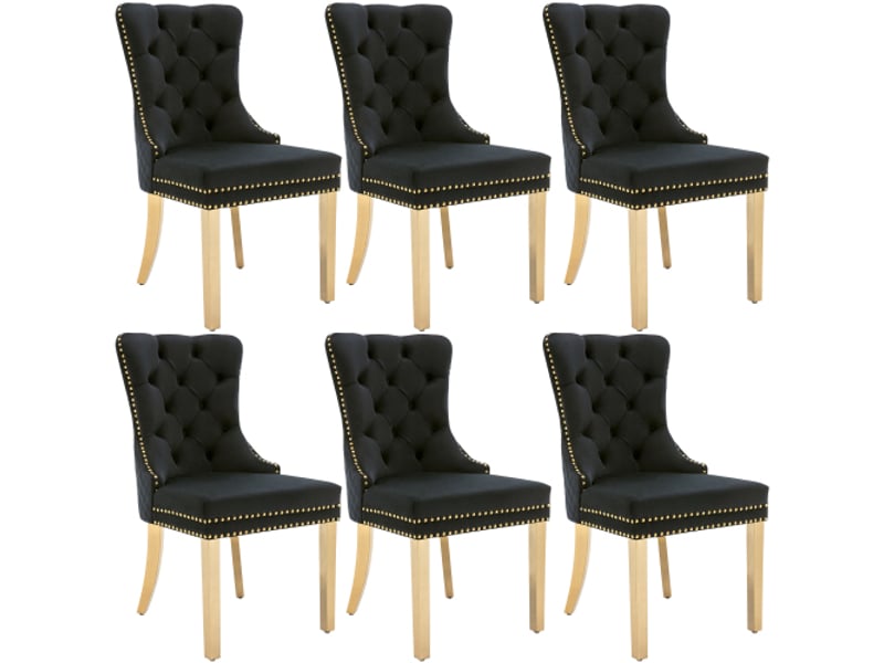  Lot de 6 chaises de salle à manger en velours noir avec accents de rivets, pieds en acier inoxydable plaqué or, sans accoudoirs  - Conforama A