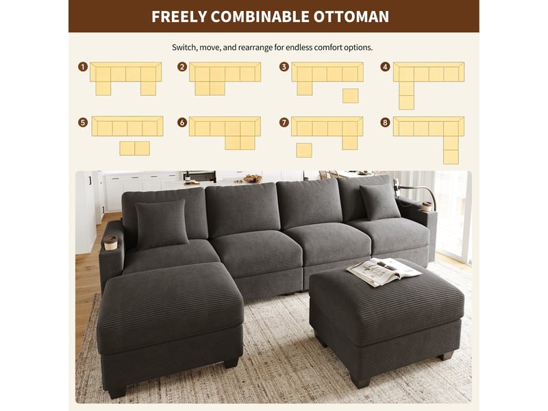  Canapé panoramique en u modulable 5-6 places avec couchage et usb  - velours côtelé gris  - Conforama E