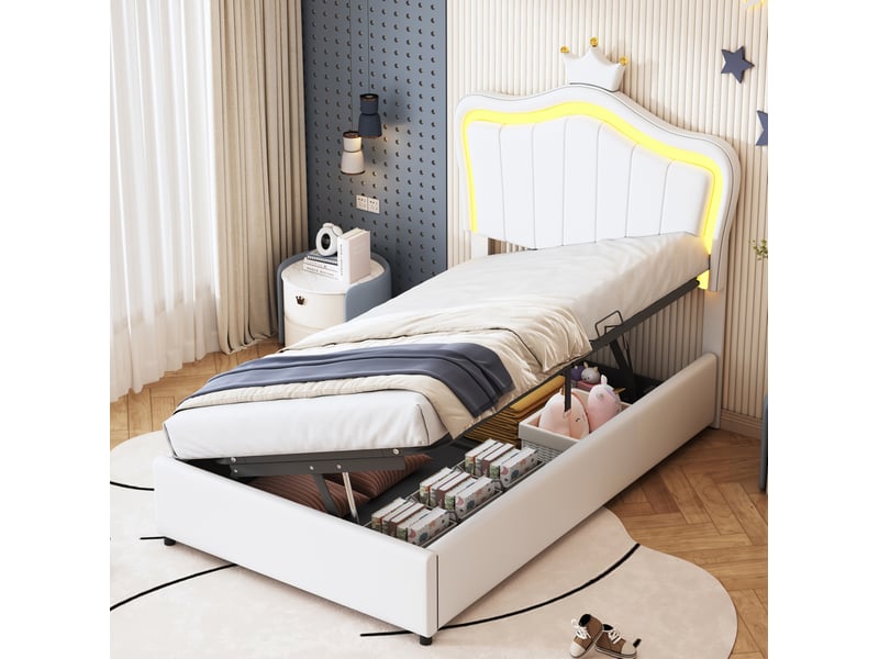  Lit enfant 90 x 200 cm led avec coffre hydraulique et tête réglable, blanc  - Conforama B
