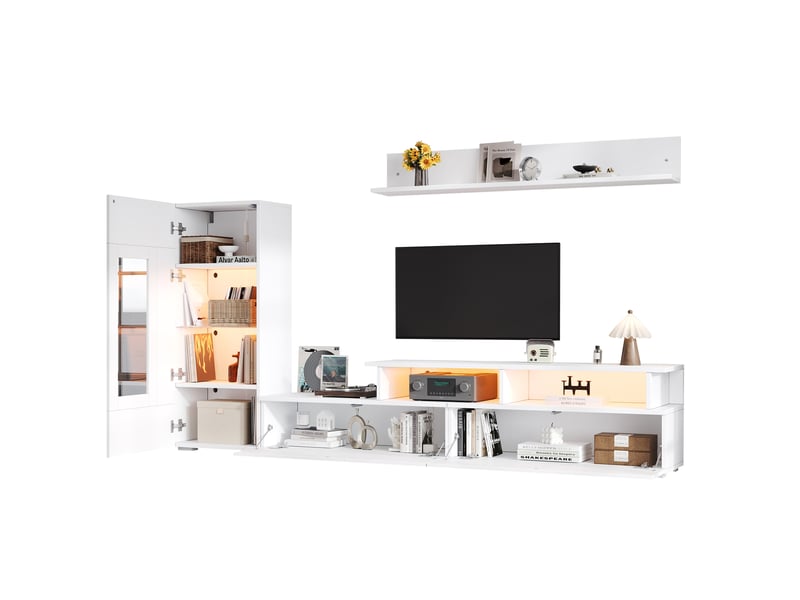  Meuble tv 170 cm, led, façade brillante, support tv, modèle fonctionnel, pour salon, en panneaux de particules, blanc  - Conforama A