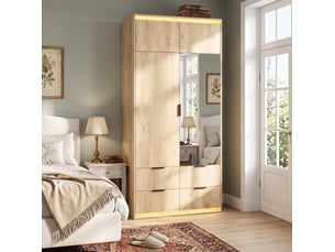Armoire 2 portes avec miroir et led, 4 tiroirs, 90 x 47 x 200 cm, décor chêne