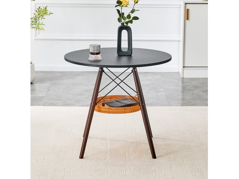 Table à manger ronde, d80 cm, avec panier de espace de rangement suspendu meuble, pratique, mdf et bois, coloris noyer - Conforama D