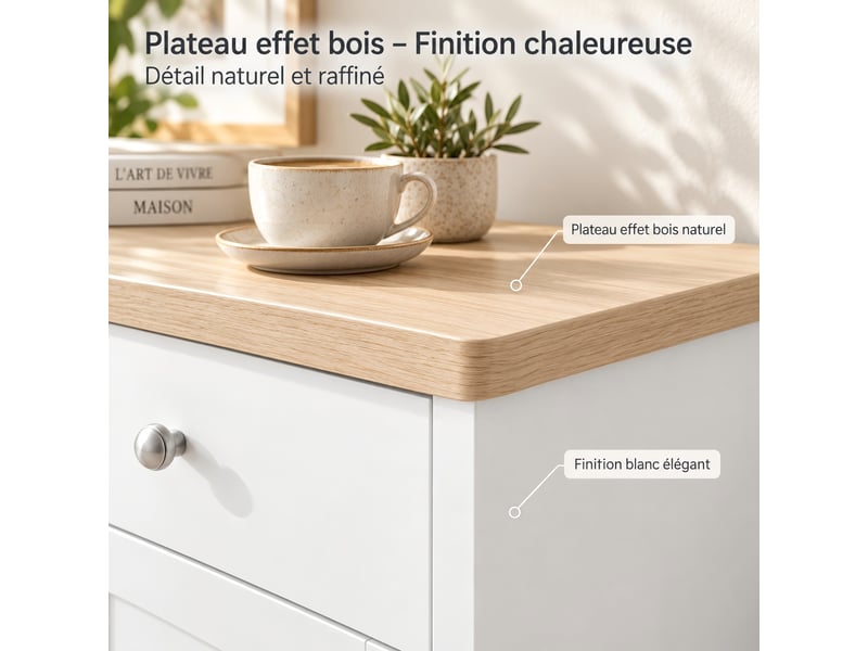  Kefsr buffet bahut 160 cm, enfilade 4 portes et 3 tiroirs, meuble de rangement style campagne rustique, blanc et plateau couleur bois  - Conforama R