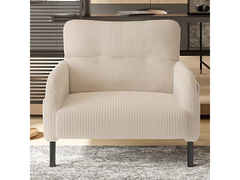  Fauteuil d'accent 67x75x79cm – fauteuil lounge individuel contemporain avec assise profonde et poches latérales double face – velours côtelé - beige  - Conforama D