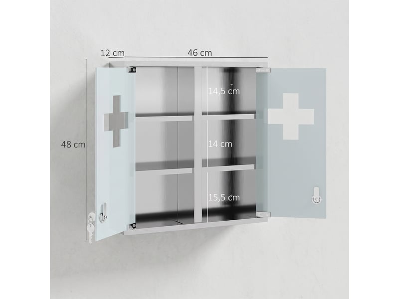  Armoire à pharmacie verrouillable avec 2 clés, porte vitrée et 6 étagères, 48 x 46 x 12 cm, argentée  - Conforama E