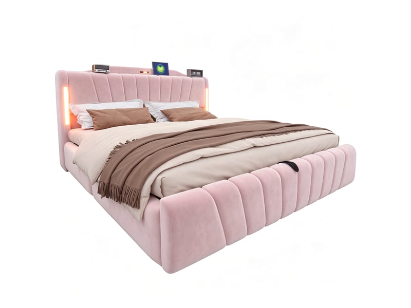 Lit coffre hydraulique 180x200 cm en velours rose avec tête de lit led, usb-c, veilleuse intégrée et rangement Morn Vibe - Conforama A