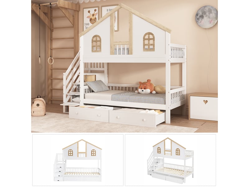  Lit cabane enfant 90x200 cm en bois avec lit superposé, fenêtres décoratives, escalier avec rangement, 2 tiroirs et barrières de sécurité - blanc et naturel  - Conforama E
