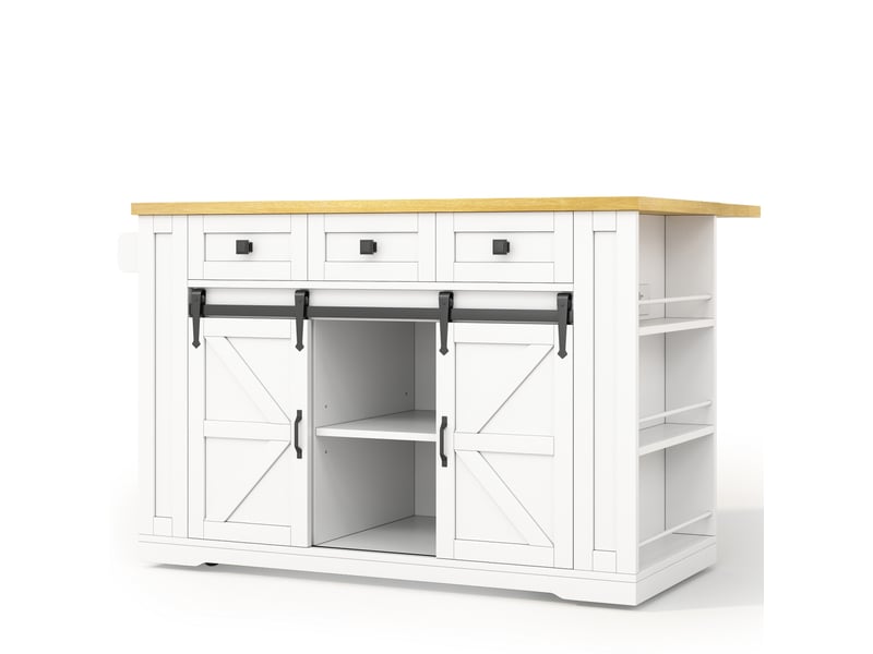  Îlot de cuisine mobile 130 x 50-80 x 87 cm, plateau rabattable, prises, 3 tiroirs et portes coulissantes, blanc  - Conforama A