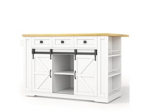 Îlot de cuisine mobile 130 x 50-80 x 87 cm, plateau rabattable, prises, 3 tiroirs et portes coulissantes, blanc