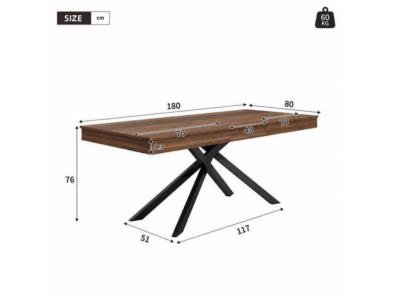  Table à manger extensible 140 à 180 cm, 6 à 8 personnes, mdf, coloris noyer  - Conforama E
