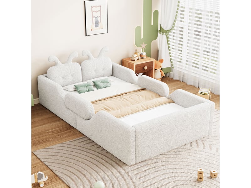  Lit enfant rembourré 90x200cm avec tête de lit oreilles de lapin, barrières de sécurité et cadre capitonné, mdf et contreplaqué - blanc  - Conforama B