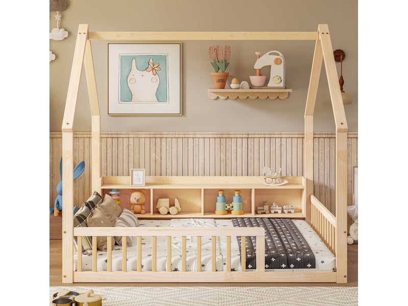 Lit cabane enfant 140x200 cm avec 4 rangements, bois de pin naturel  - Conforama B