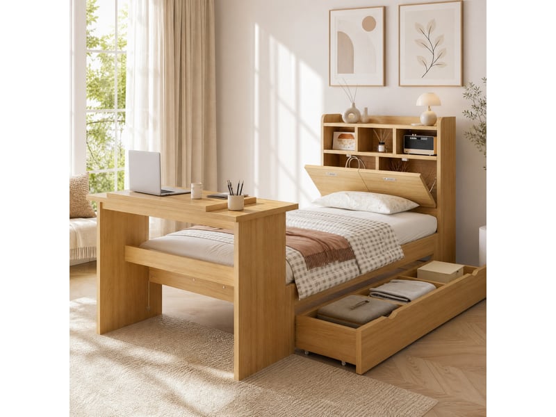  Lit enfant simple 90×200 cm avec tiroir, étagères et table rabattable - okmyhome- sans matelas, bois naturel  - Conforama B