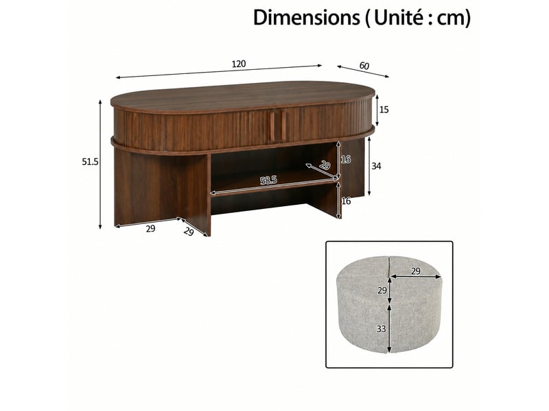  Table basse ovale effet noyer avec rangement et poufs en tissu, rainures verticales, 120 x 60 x 51,5 cm  - Conforama C
