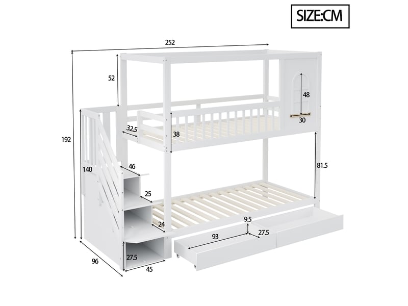  Lit à couchages superposés, 90x200 cm, maison avec fenêtres, tiroirs, échelle, matelas non inclus, bois, coloris blanc  - Conforama C
