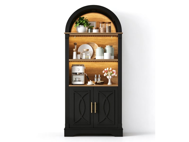  Buffet cuisine 2 portes, 76,2 x 40 x 180 cm, éclairage led, 3 niches ouvertes, étagère réglable et façades en relief, mdf, noir Morn Vibe - Conforama A